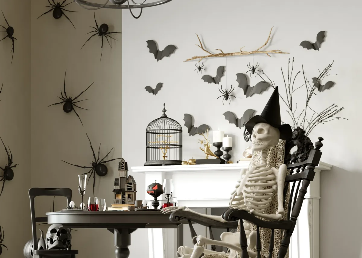 Flowery skulls and painted pumpkins styled as Halloween decor