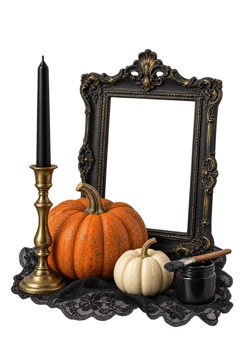 Halloween DIY décor with an ornate frame, pumpkins, a brass candlestick and painting supplies.